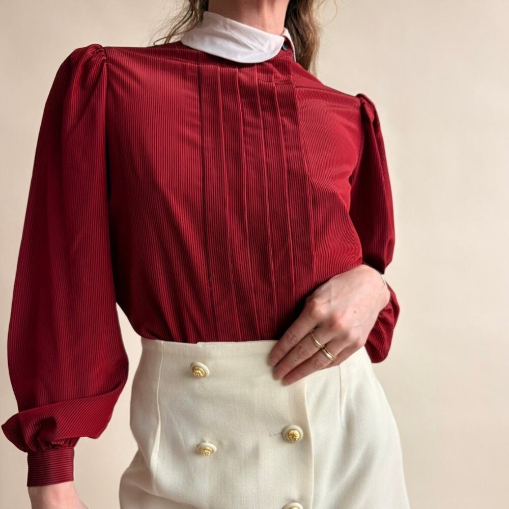 Albert Nipon Claret Pintuck Blouse - Peter Pan Collar, Puff Sleeves, Size 4 - Picture 2 of 7